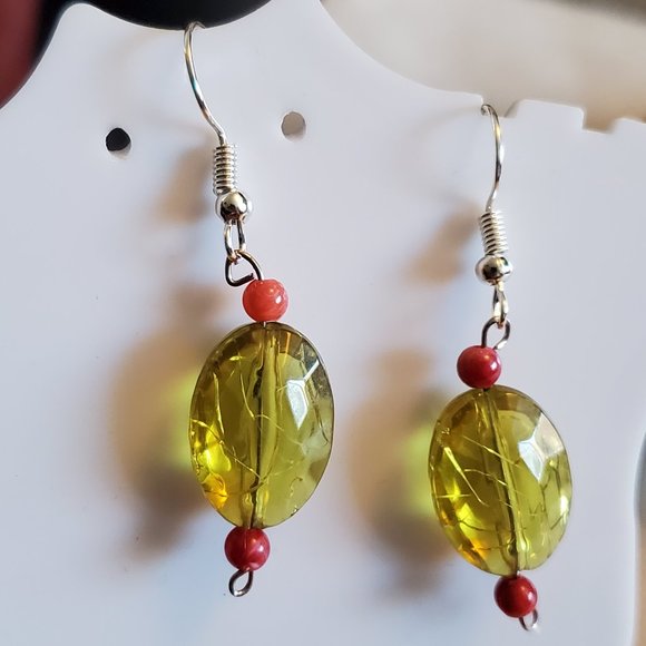 Silver Tone Hook Yellow Oval Bead Dangle Earrings - Picture 2 of 2